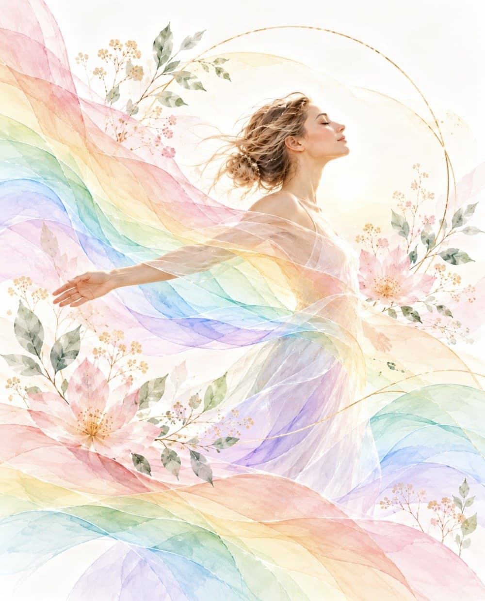 Aquarelle : une femme les yeux fermés, le visage levé et les bras ouverts, portée par des voiles aux couleurs de l'arc-en-ciel et des fleurs