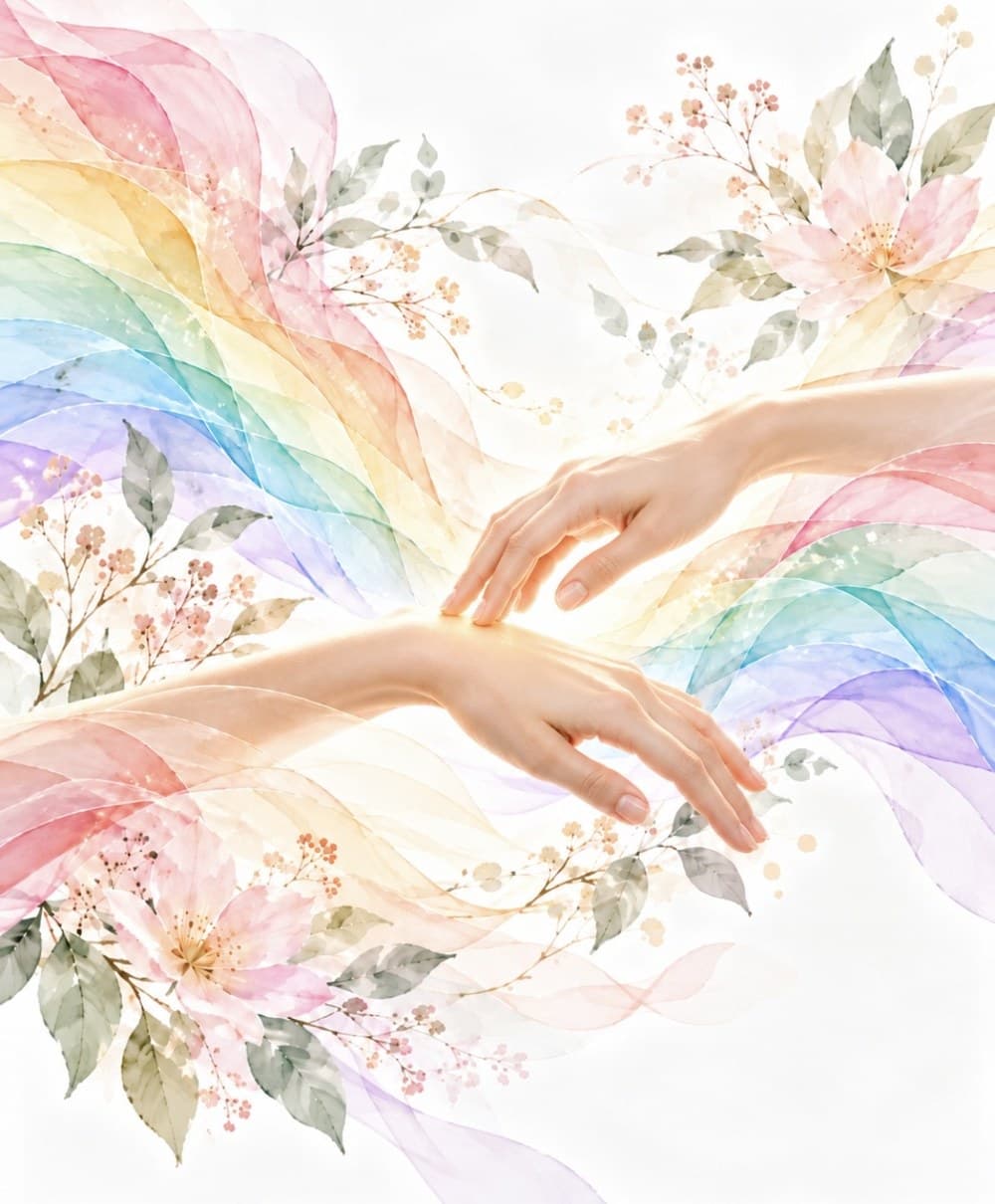 Illustration aquarelle : deux mains posées sur un bras, sur fond arc-en-ciel