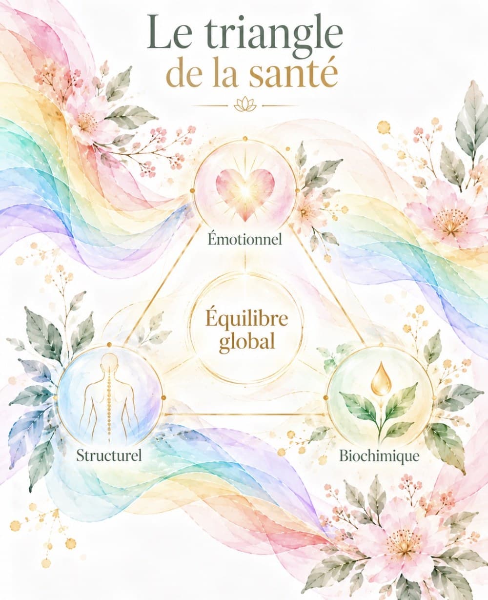 Illustration aquarelle du triangle de la santé : émotionnel, structurel et biochimique autour de l'équilibre global, entourés de voiles arc-en-ciel et de fleurs